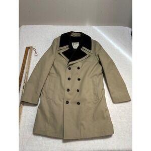 London Fog Men Double Breasted Pea Coat Tan Faux Fur Collar Size 40 REG VINTAGE